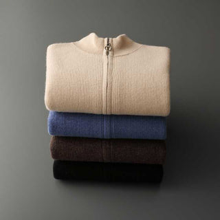 Maison Marlowe | Men’s Cashmere Wool Full Zip Cardigan – Ribbed Stand Collar