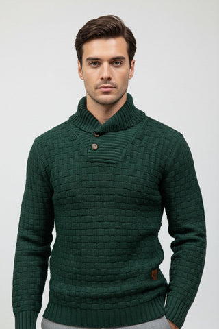 Maison Marlowe | Men’s Knitted Shawl Collar Sweater – Textured Rib Knit Pullover