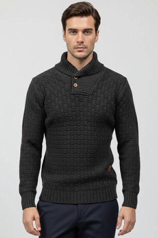 Maison Marlowe | Men’s Knitted Shawl Collar Sweater – Textured Rib Knit Pullover