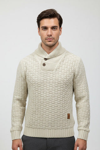 Maison Marlowe | Men’s Knitted Shawl Collar Sweater – Textured Rib Knit Pullover